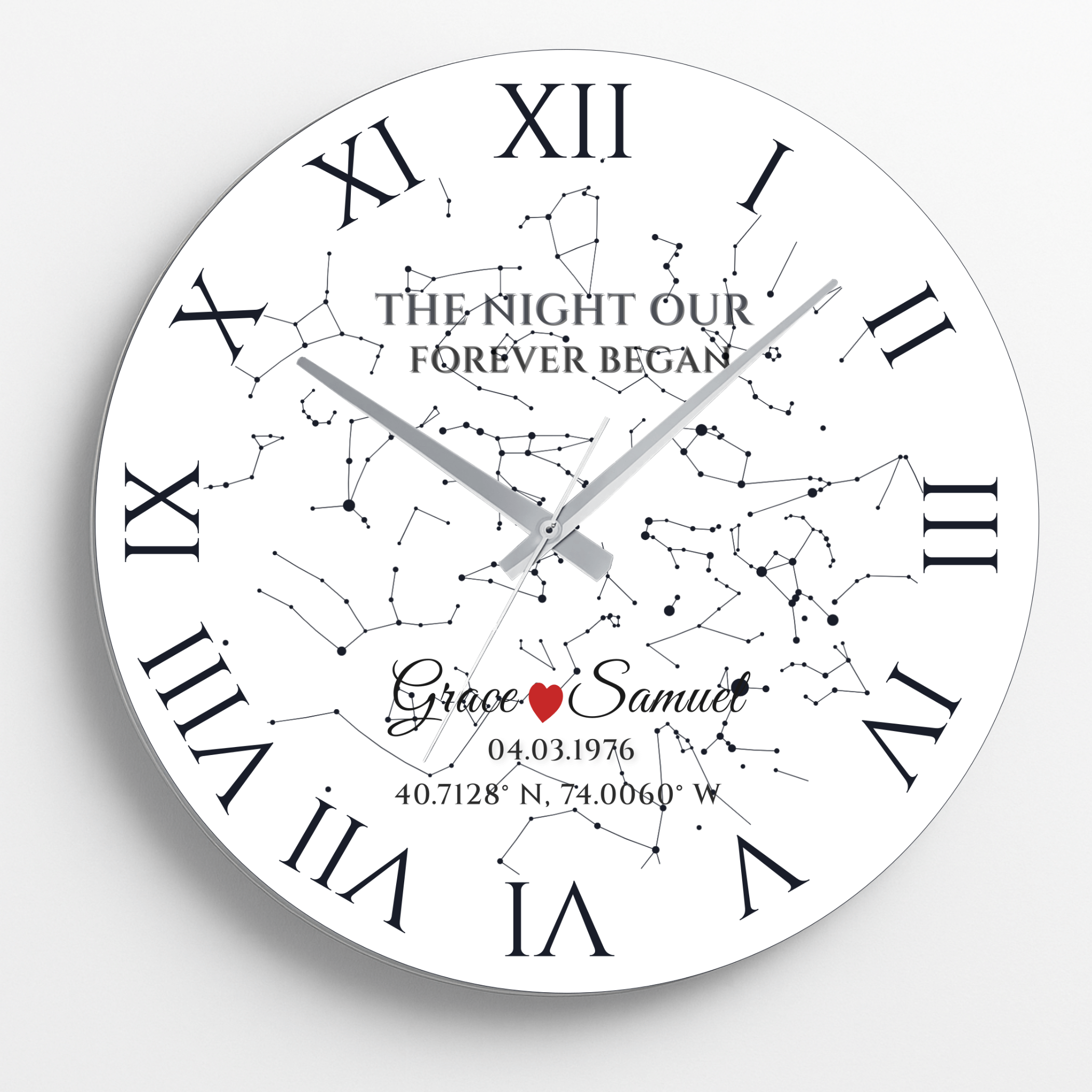 3D mockup of Personalized Star Map Wall Clock showing custom names, coordinates and night sky on tempered glass material
