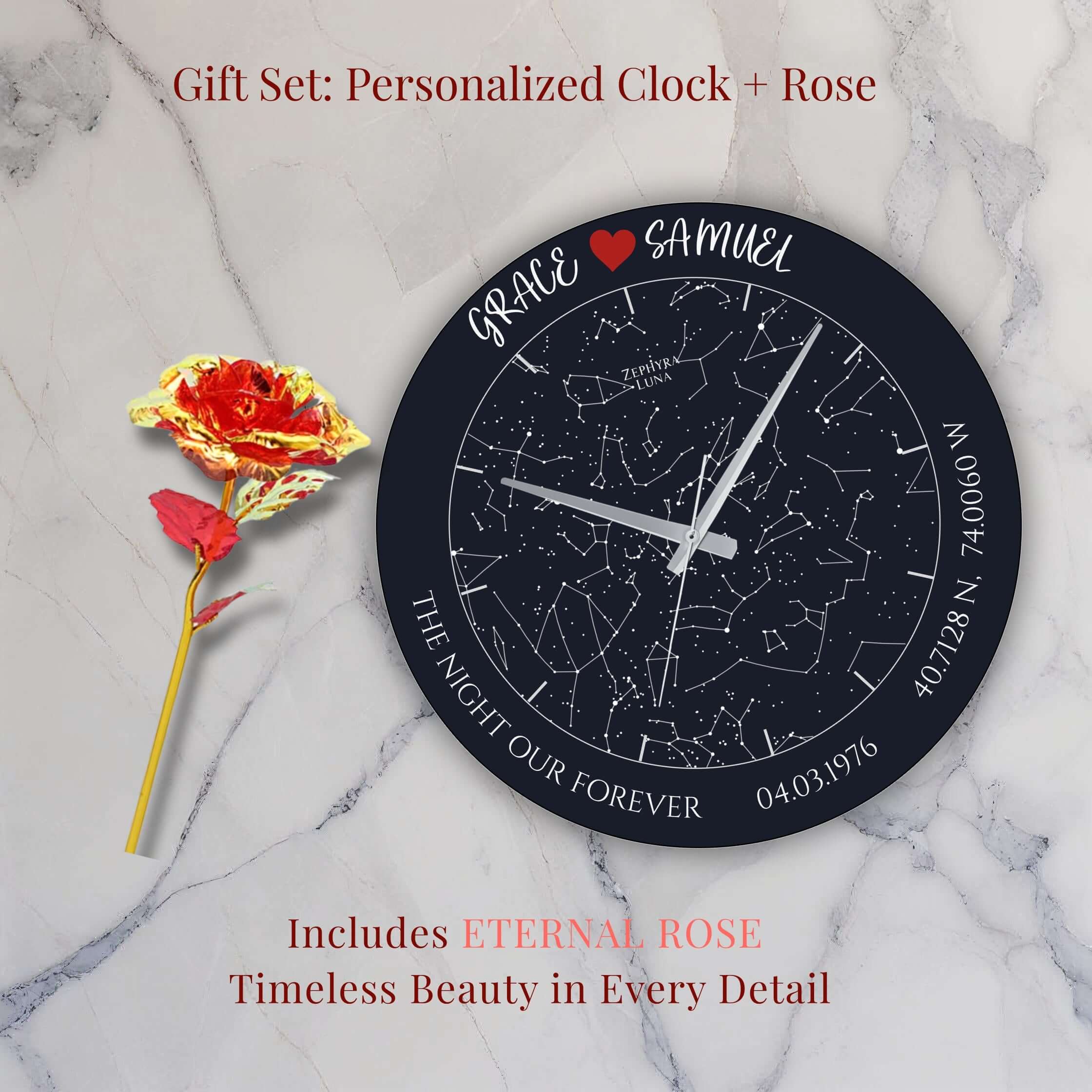 Gift set featuring a Personalized Star Map Glass Wall Clock and an eternal rose, perfect for an Anniversary Gift or Wedding Gift.
