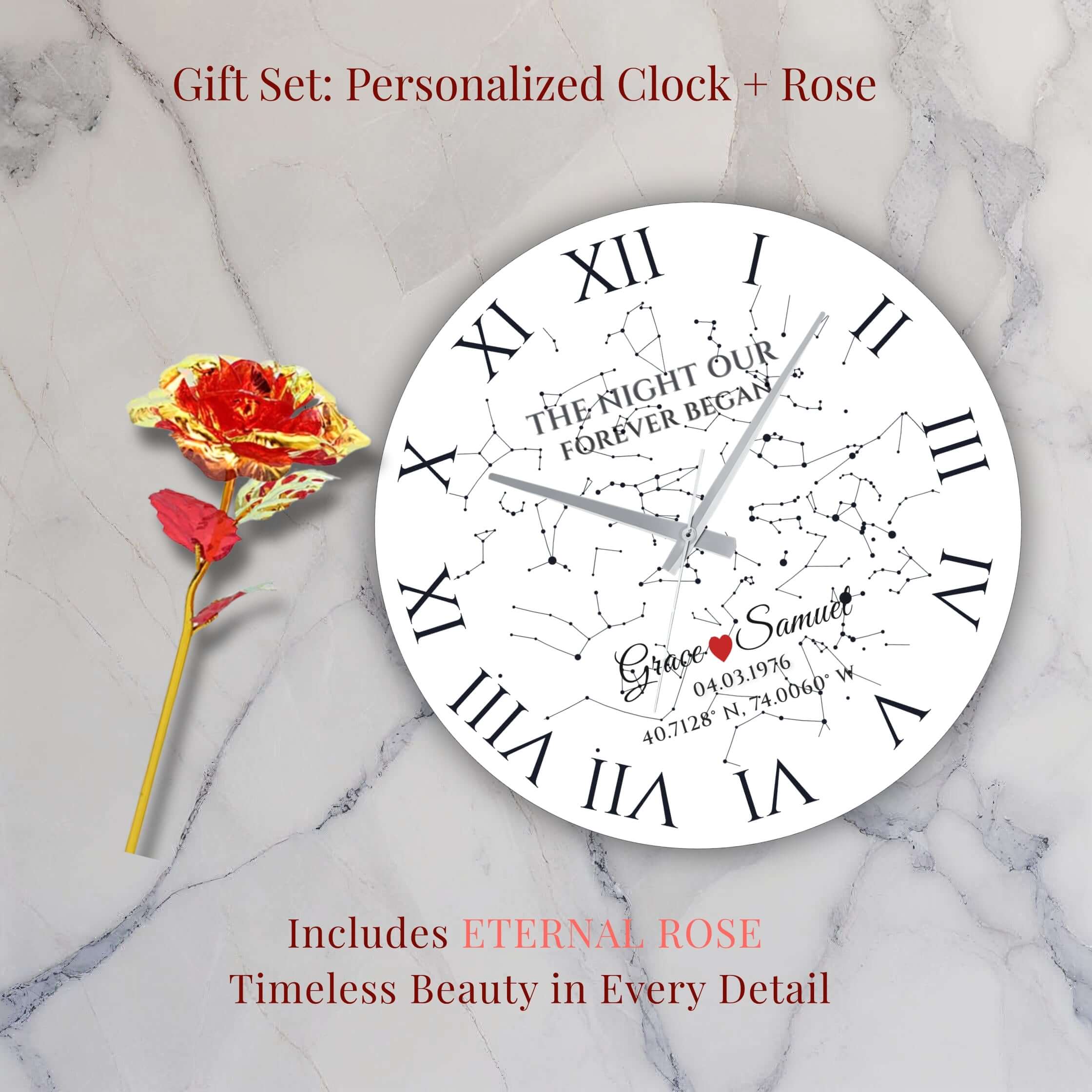 Gift set featuring a Custom Star Map Wall Clock – Personalized Glass Design, Unique Gift for Couples with an elegant rose.