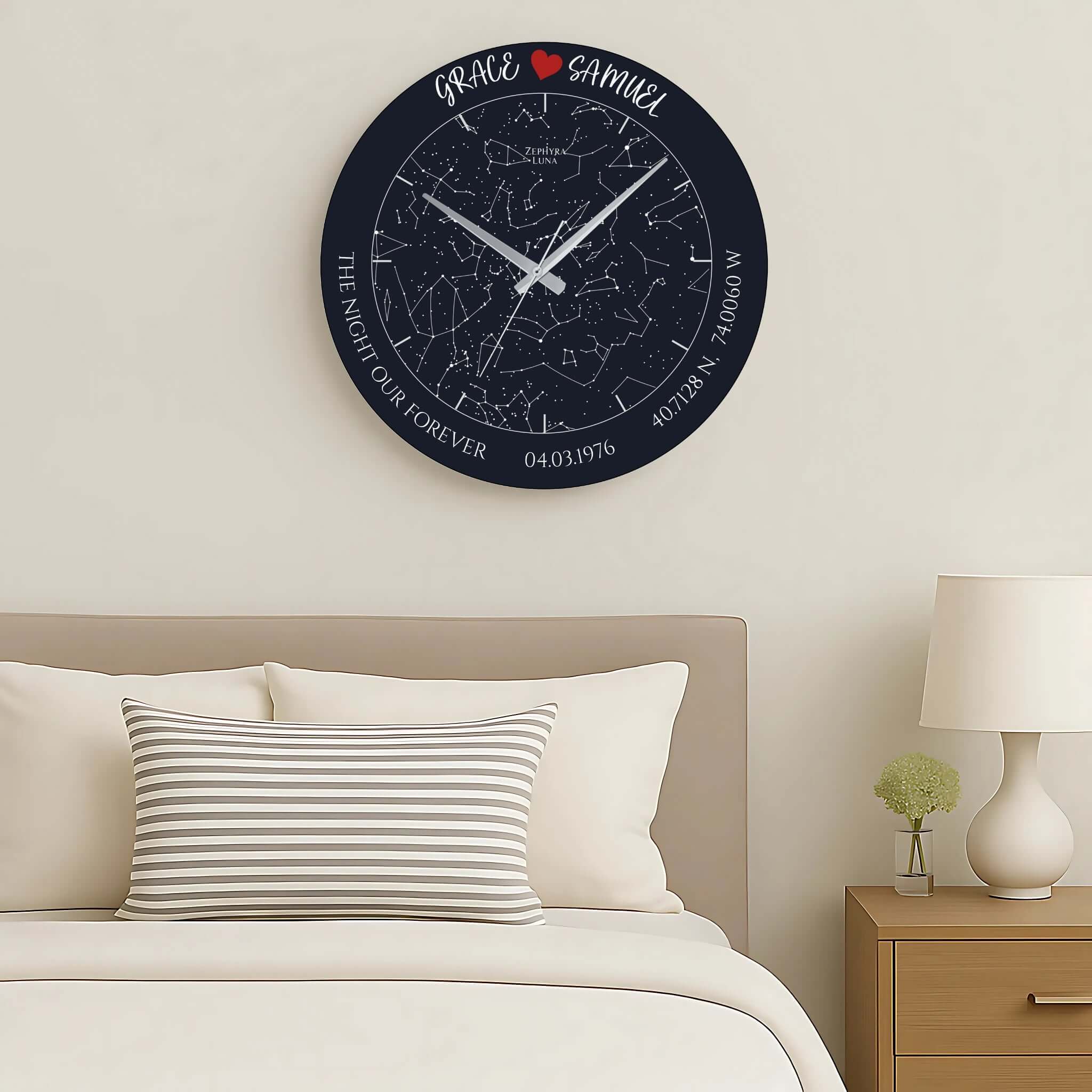 Personalized Star Map Glass Wall Clock – Custom Night Sky Design, Romantic Gift showcased in a cozy bedroom setting.