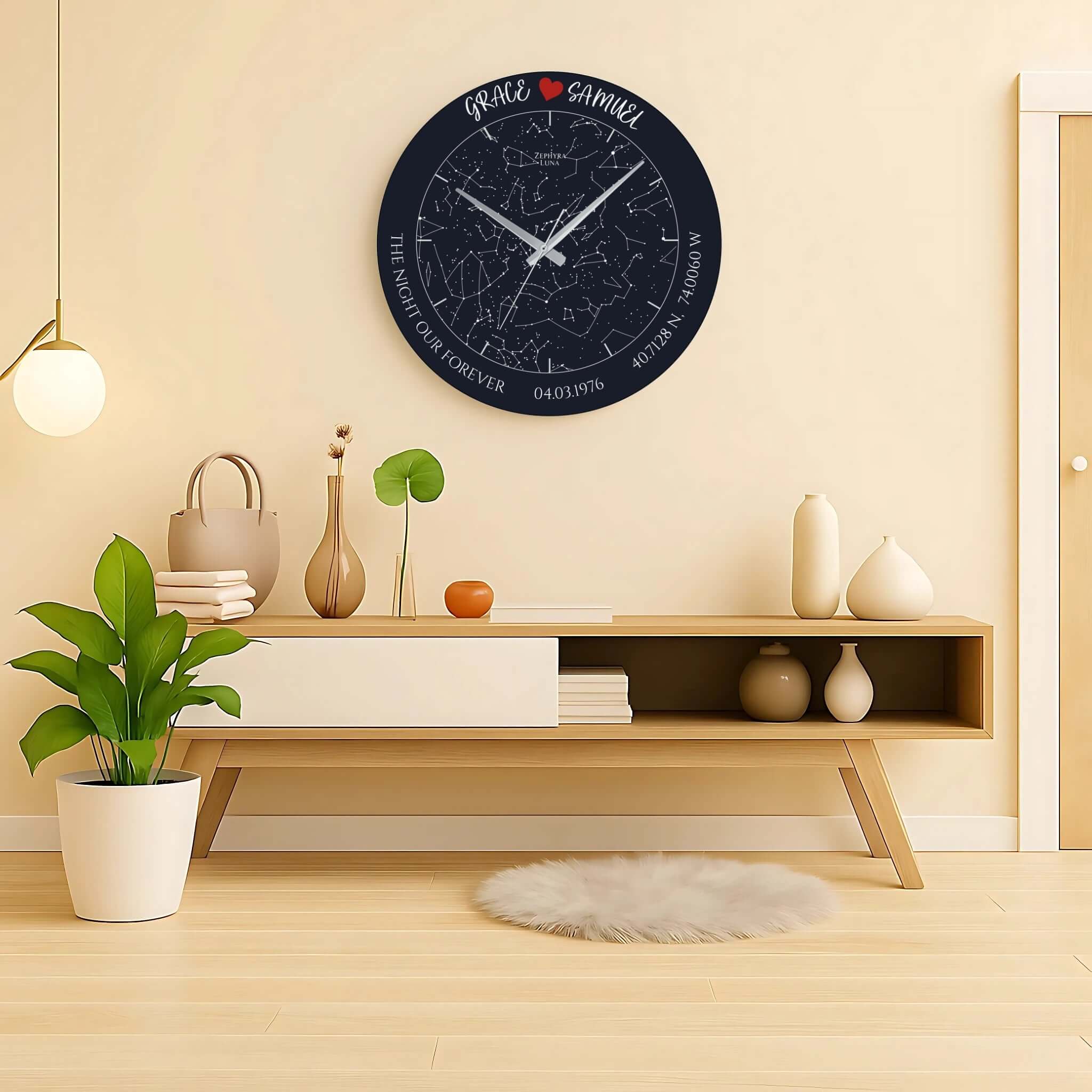 Personalized Star Map Glass Wall Clock – Custom Night Sky Design, Romantic Gift displayed in a stylish living room setting.