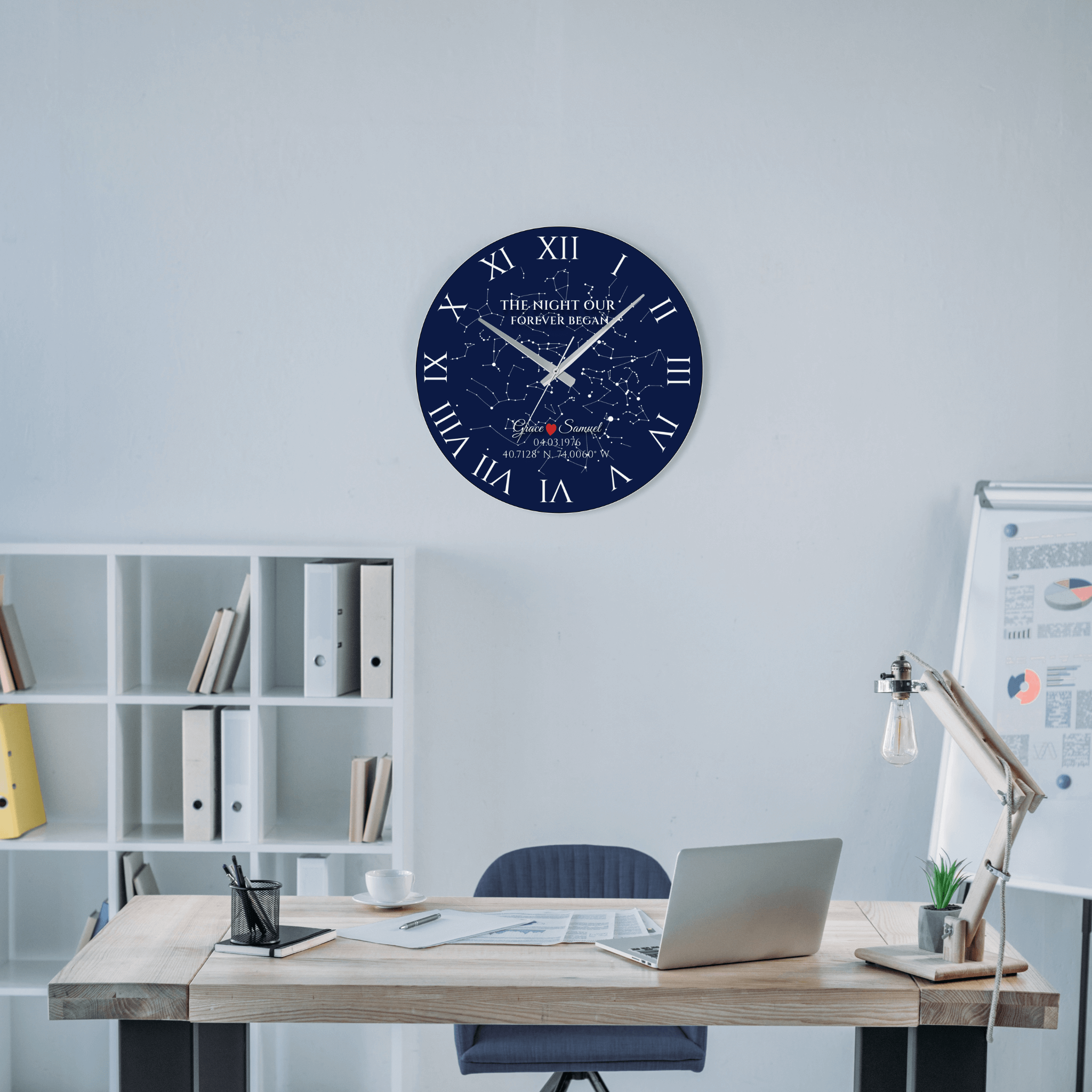 High-detail Night Sky Star Map Wall Clock showcasing personalized stars, names and date printed on durable tempered glass.