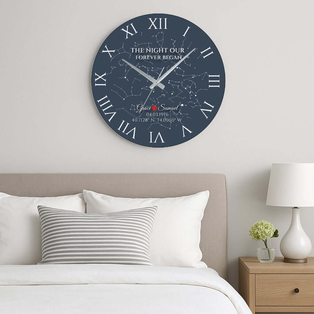 Personalized Star Map Clock displayed as wall art in a cozy home environment, ideal romantic anniversary gift