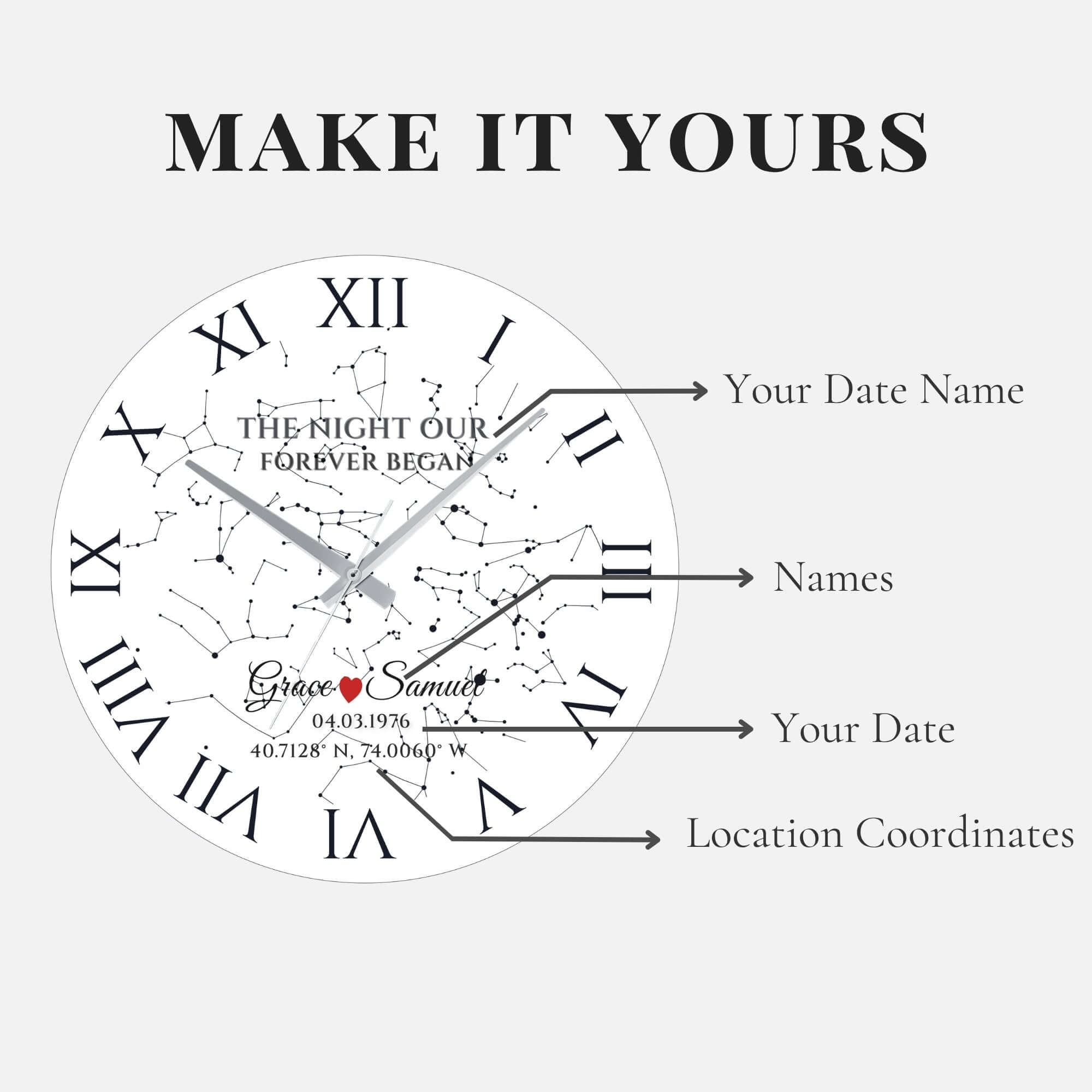 Custom Star Map Wall Clock – Personalized Glass Design, Unique Gift for Couples, showcasing date and coordinates on a beautiful clock.