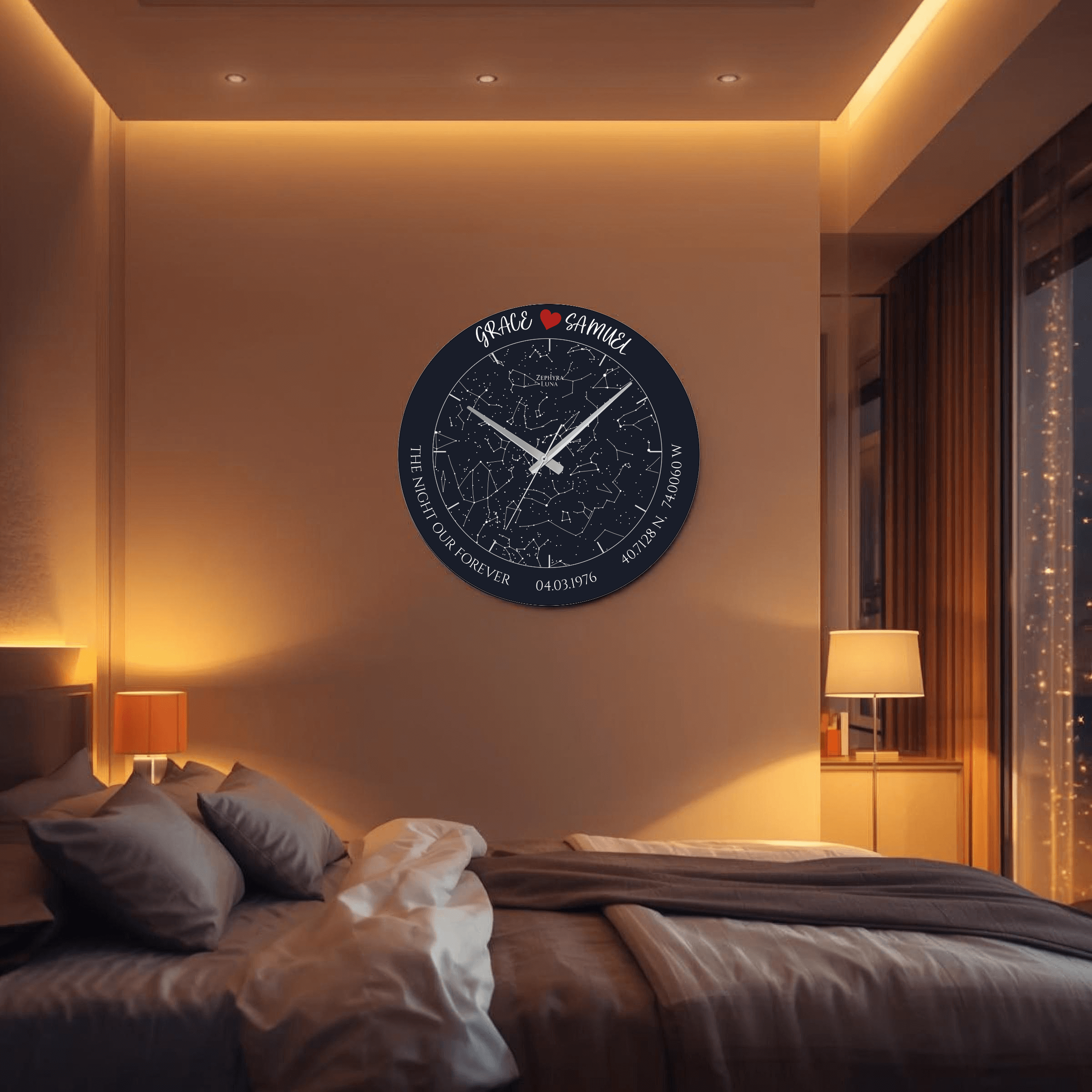 Cozy ambient scene of the night sky Star Map Clock, a meaningful anniversary or wedding gift for couples