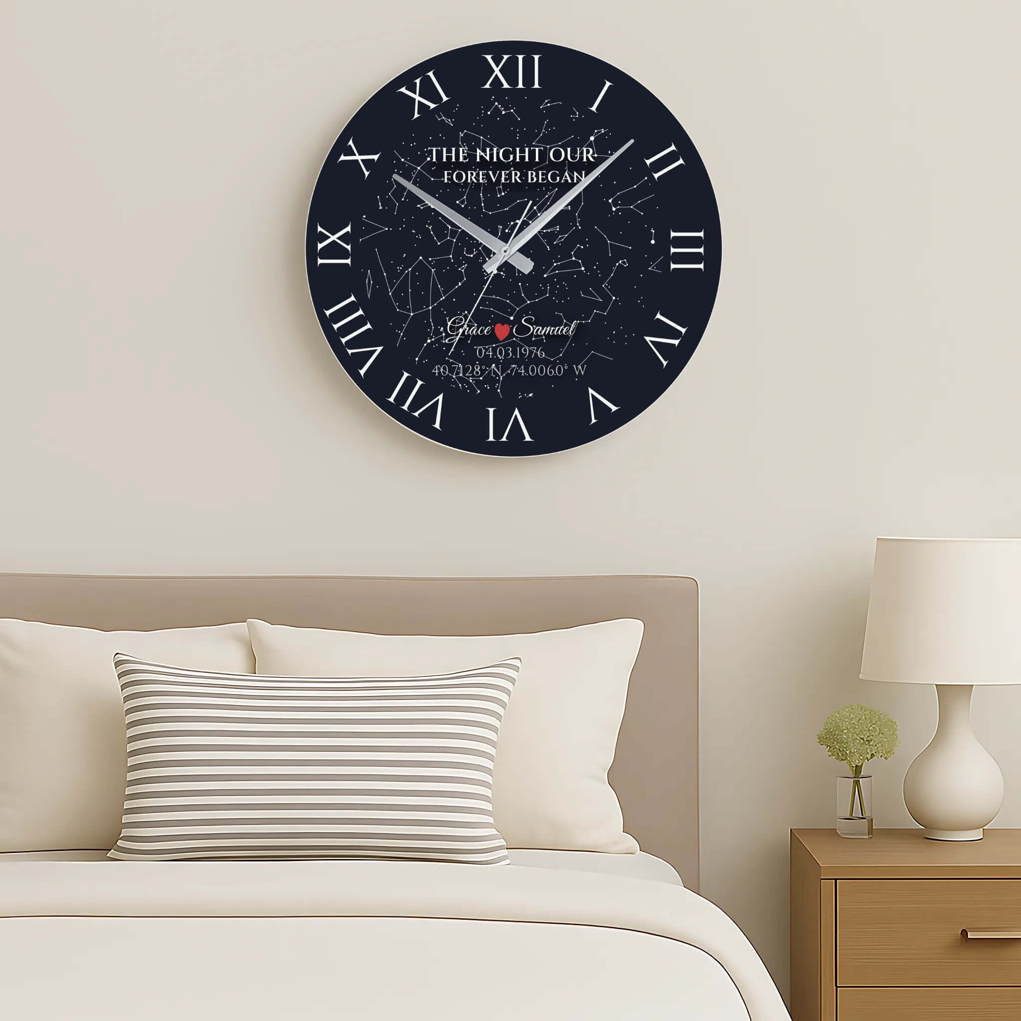 Lifestyle display of the personalized Star Map Wall Clock in a bedroom or living room setting, perfect for romantic home decor.
