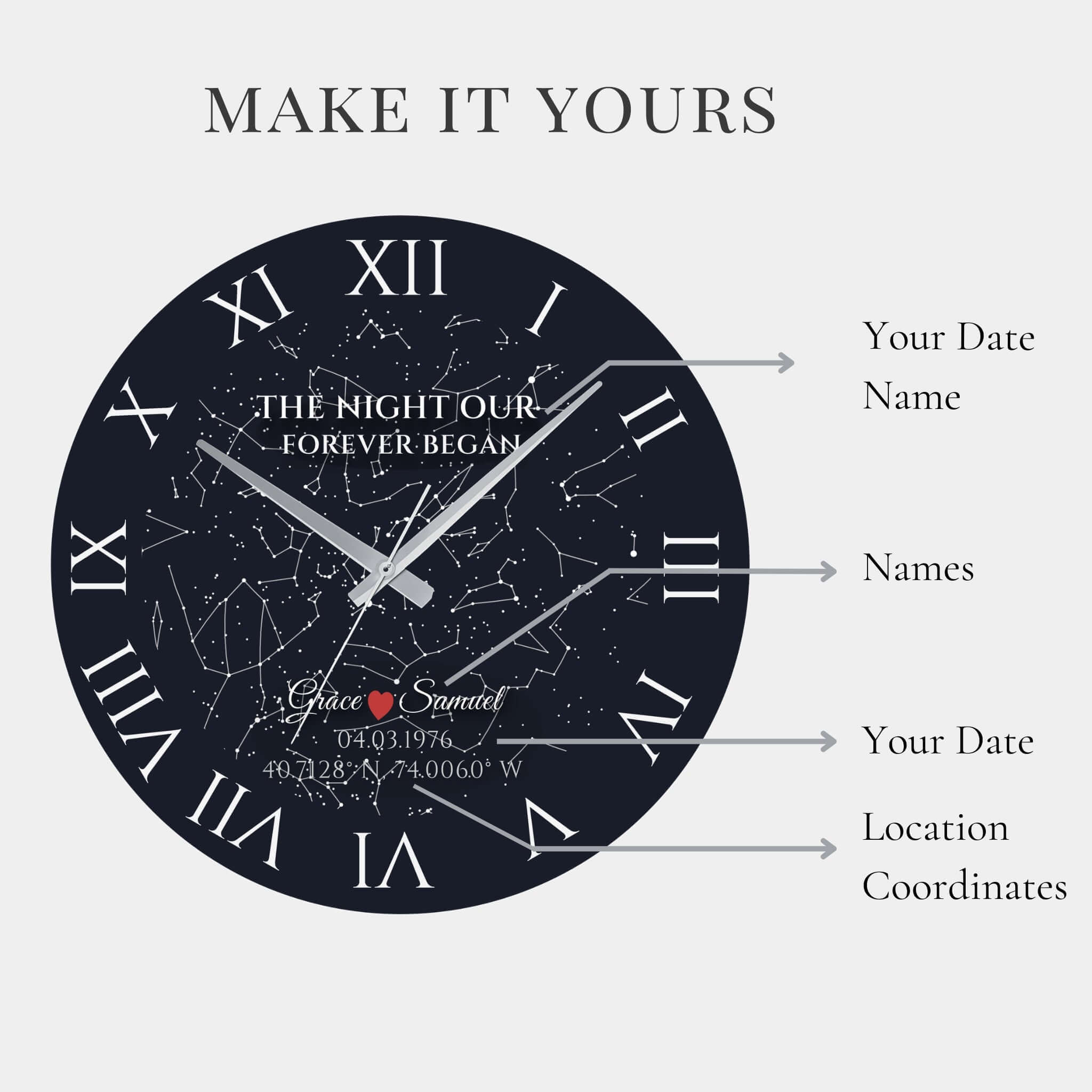Variant of the Personalized Star Map Wall Clock showing custom names, date and coordinates printed on premium tempered glass for a unique anniversary gift.
