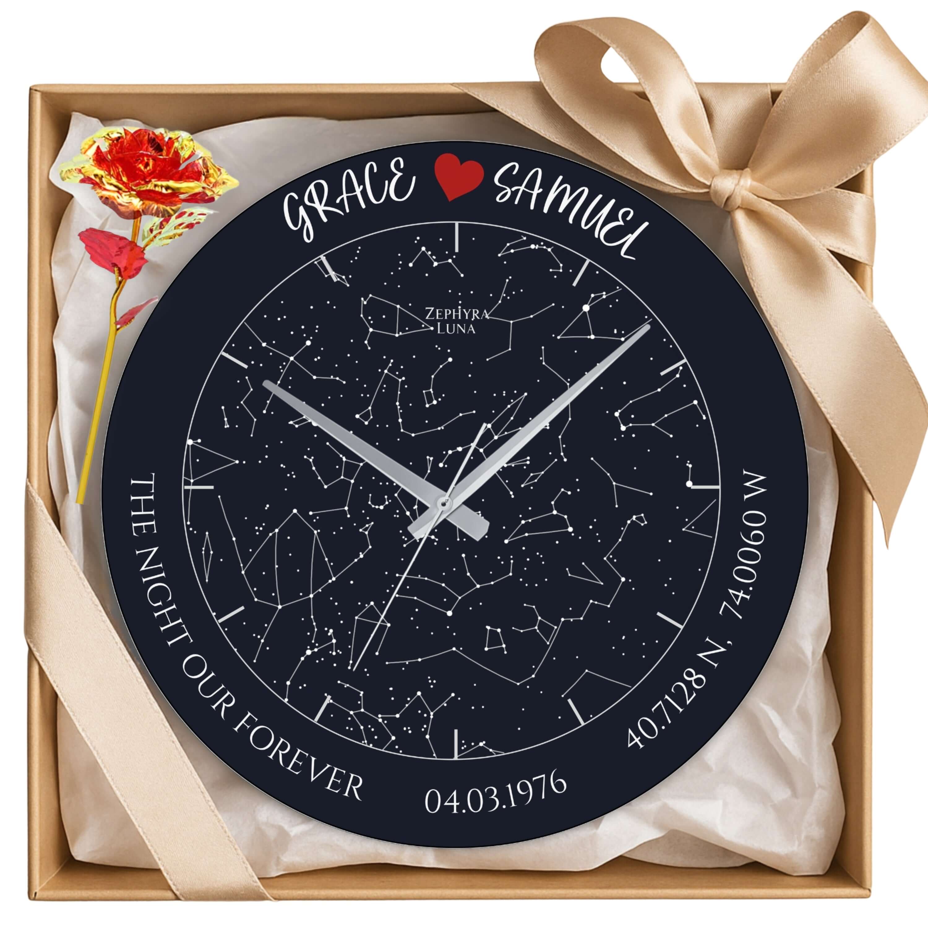 Personalized Star Map Glass Wall Clock – Custom Night Sky Design, Romantic Gift, showcasing a custom star map in a gift box.