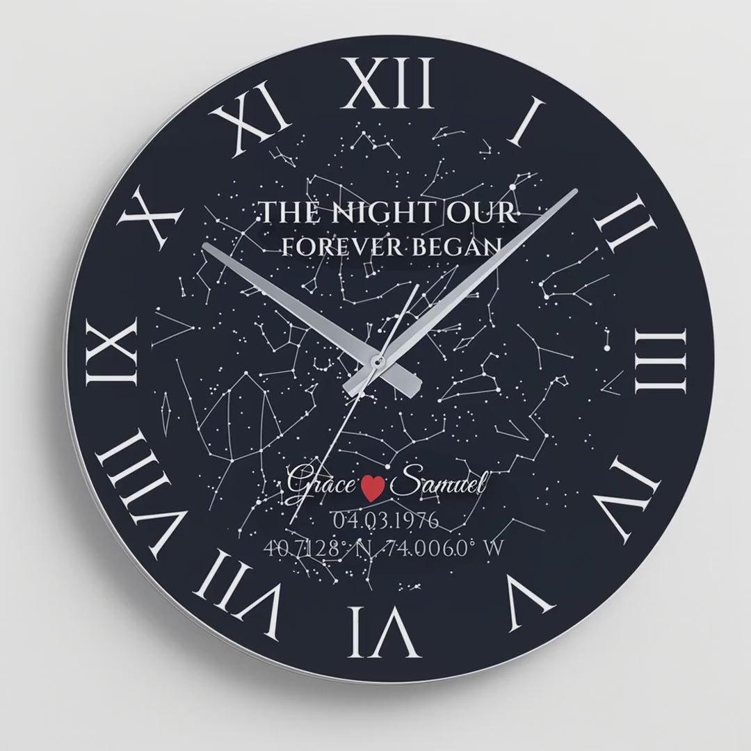 Custom Star Map Wall Clock – Personalized Anniversary Gift for Partner featuring a night sky design with star constellations.