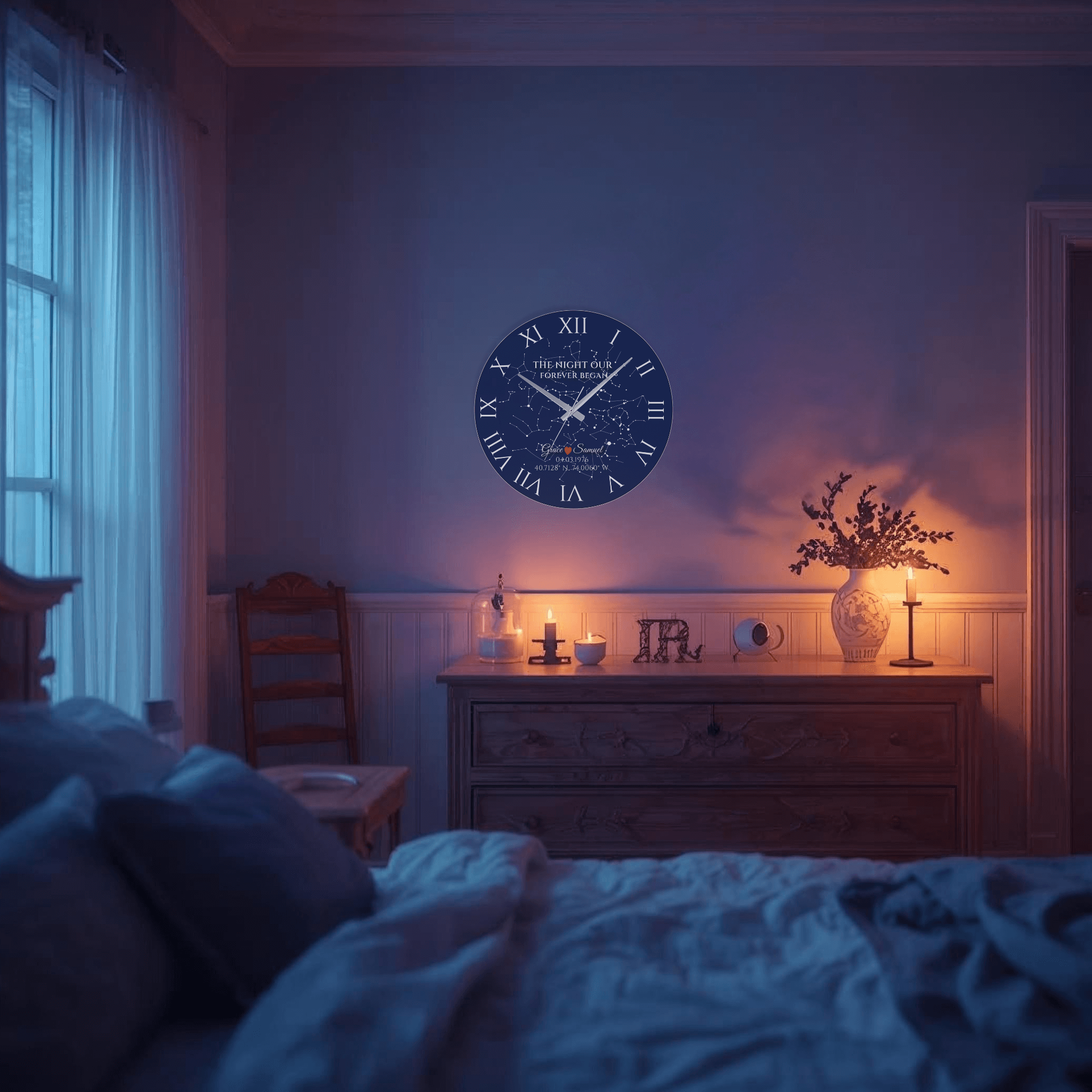 Romantic ambience scene featuring personalized Star Map Wall Clock illuminated with soft warm light on tempered glass surface