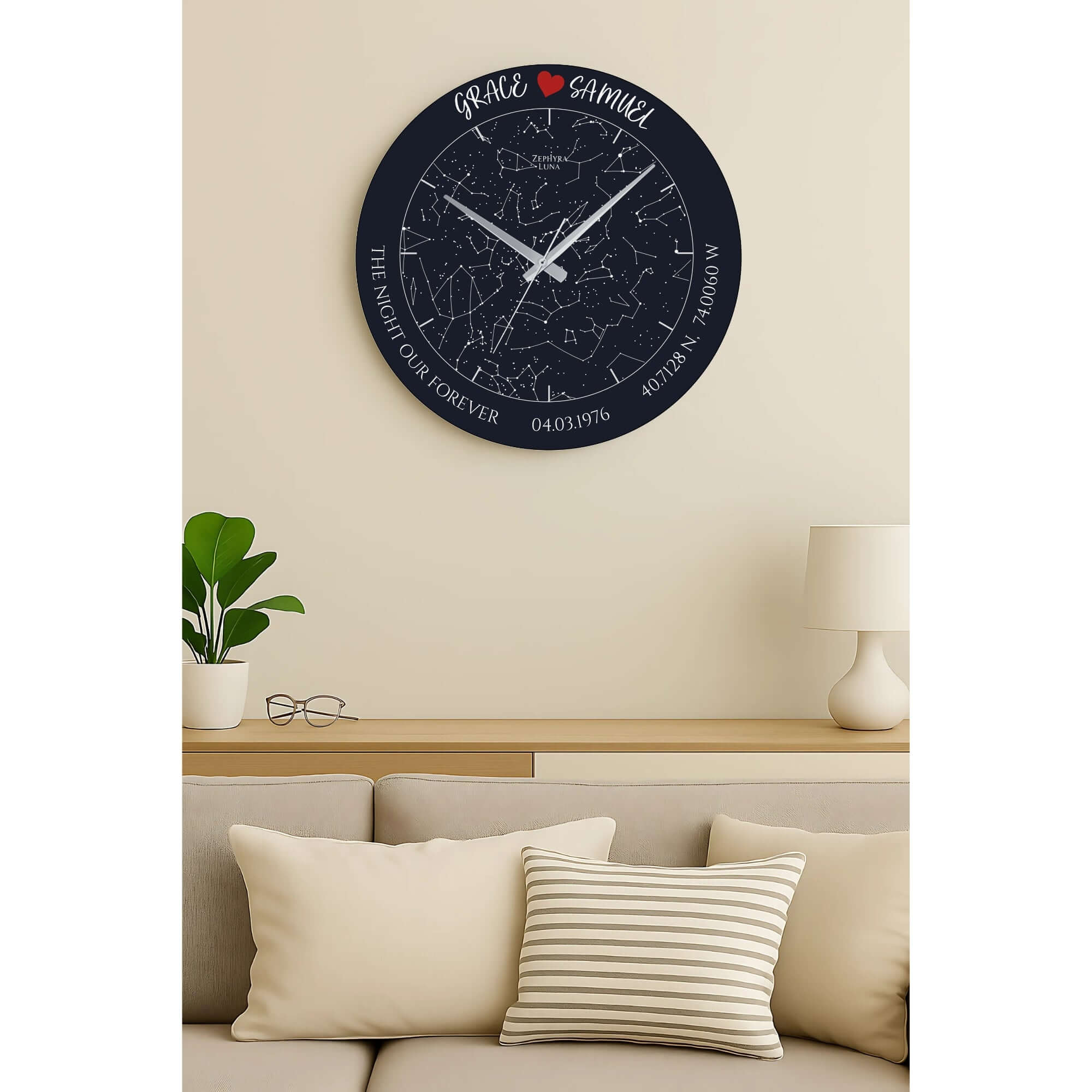 Personalized Star Map Glass Wall Clock – Custom Night Sky Design, Romantic Gift showcasing constellations and names on a stylish wall.