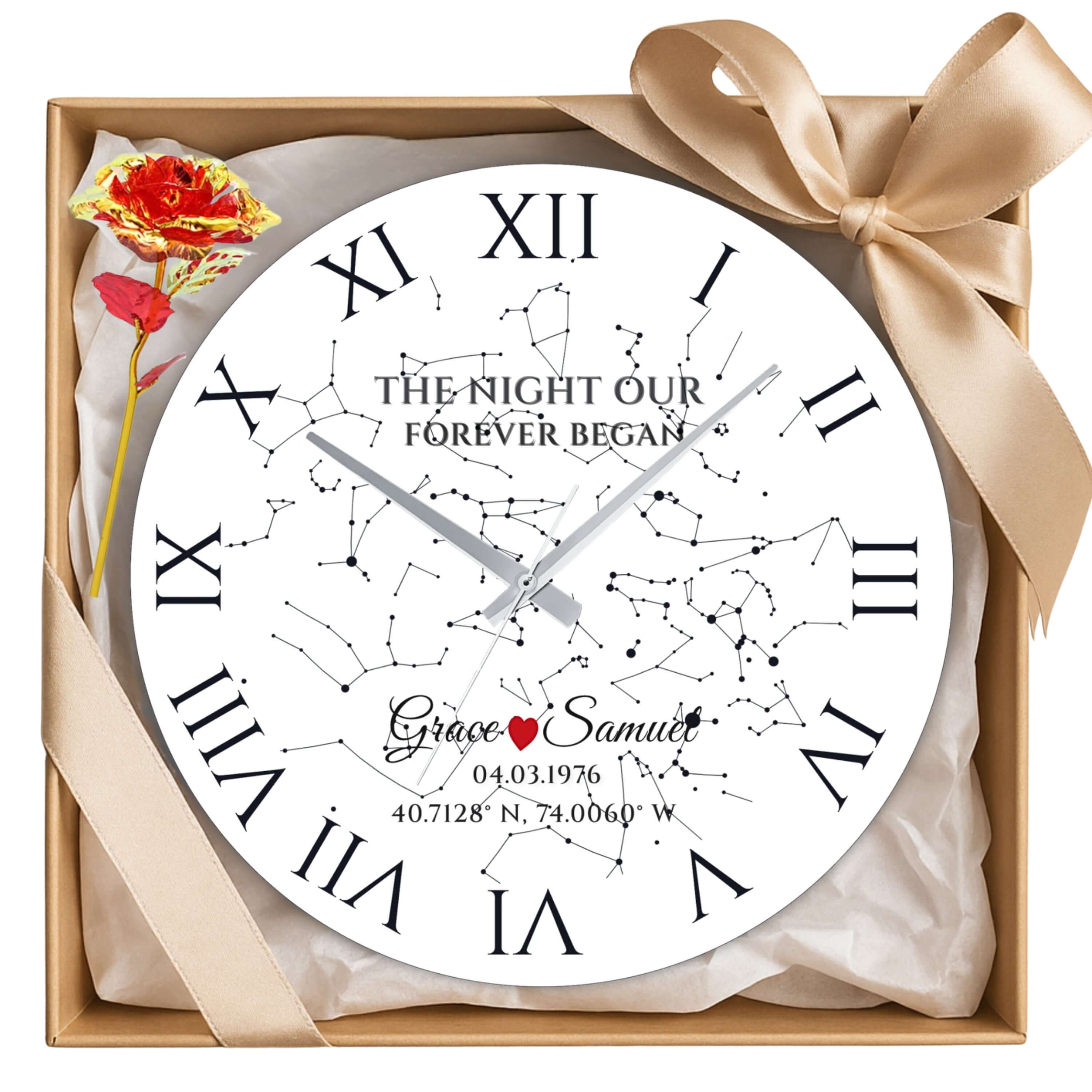 Custom Star Map Wall Clock – Personalized Glass Design, Unique Gift for Couples in a gift box with flowers.