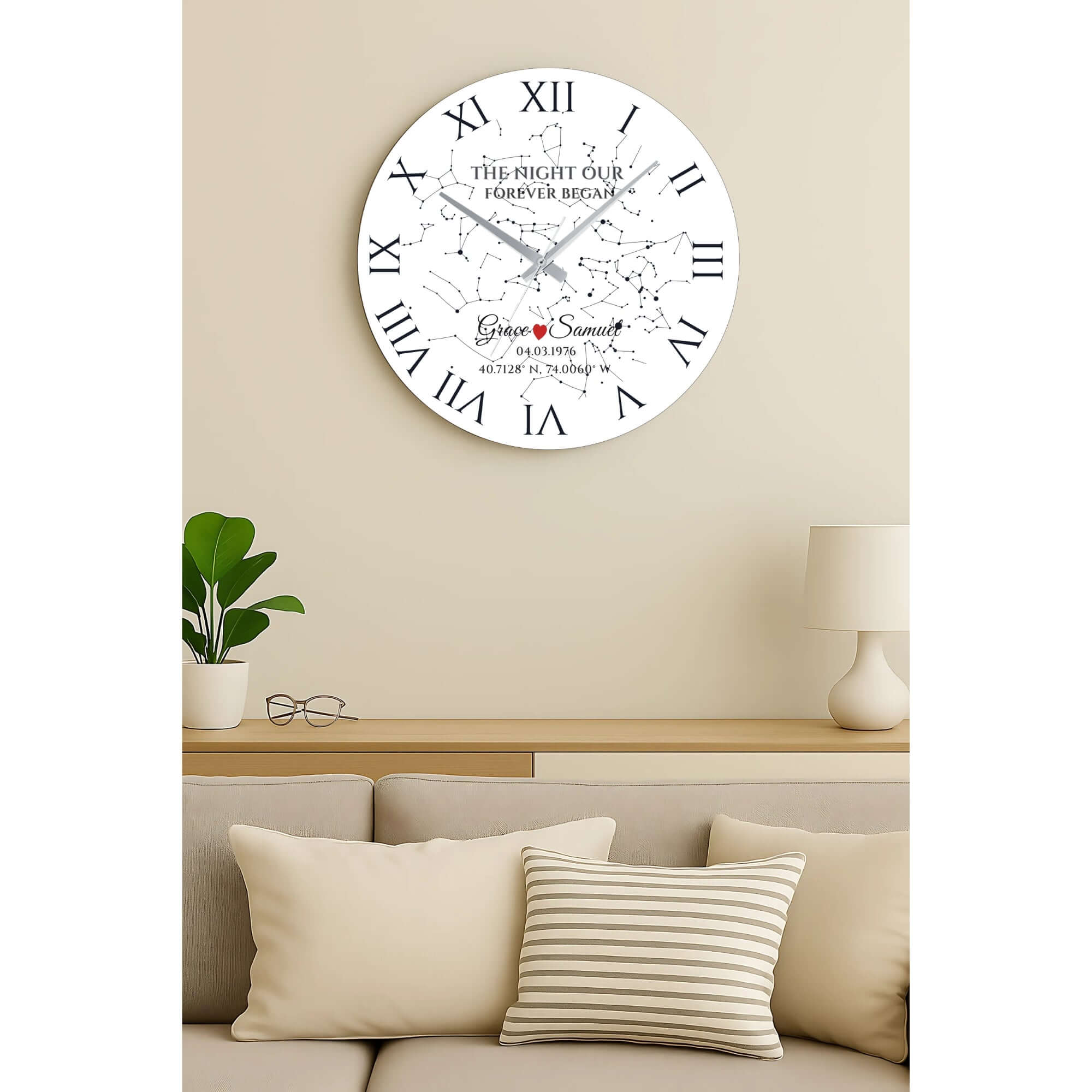 Custom Star Map Wall Clock – Personalized Glass Design, Unique Gift for Couples showcasing a starry night theme with elegant details.