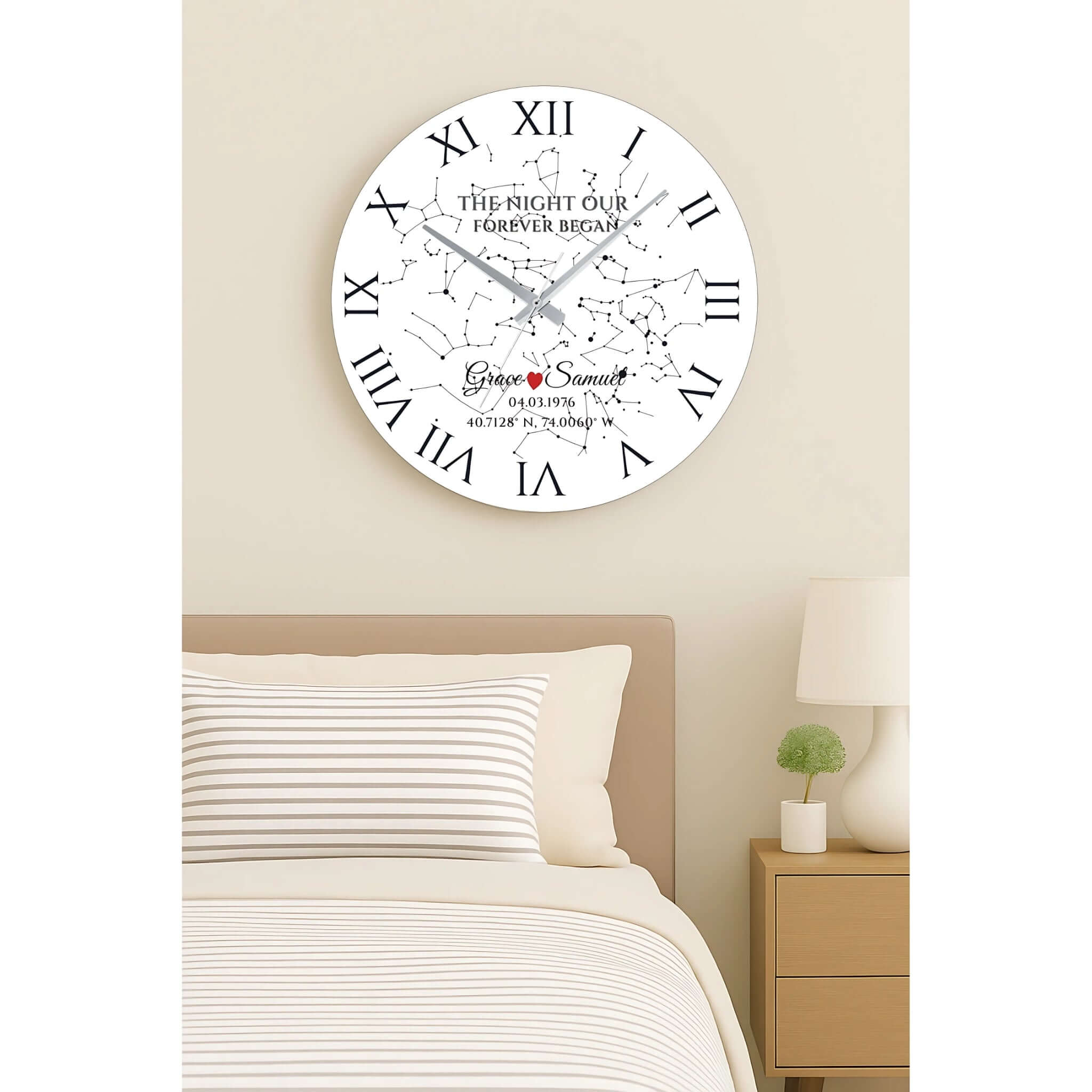 Custom Star Map Wall Clock – Personalized Glass Design, Unique Gift for Couples displayed above a bed, showcasing a star map.