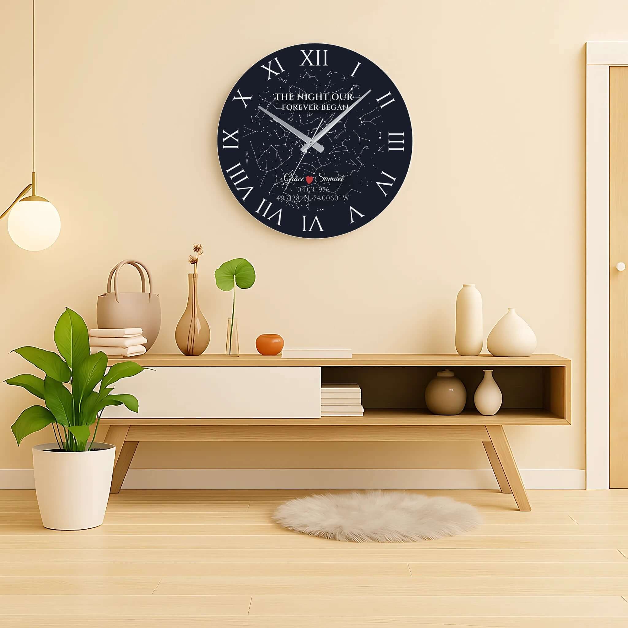 Lifestyle scene showing the personalized Star Map Wall Clock displayed in a bedroom or living room as meaningful home decor