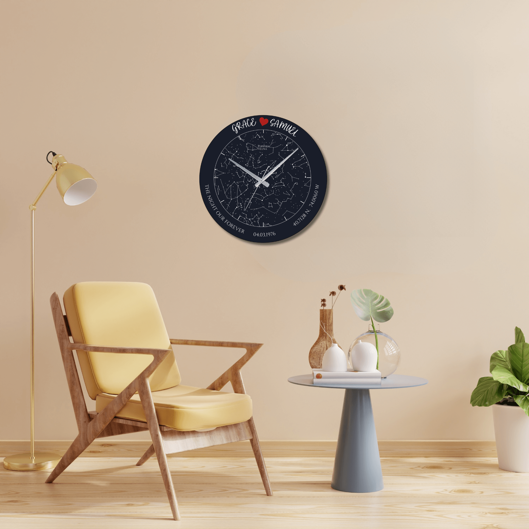 Lifestyle scene showing the personalized Star Map Wall Clock displayed in a bedroom or living room as meaningful home decor
