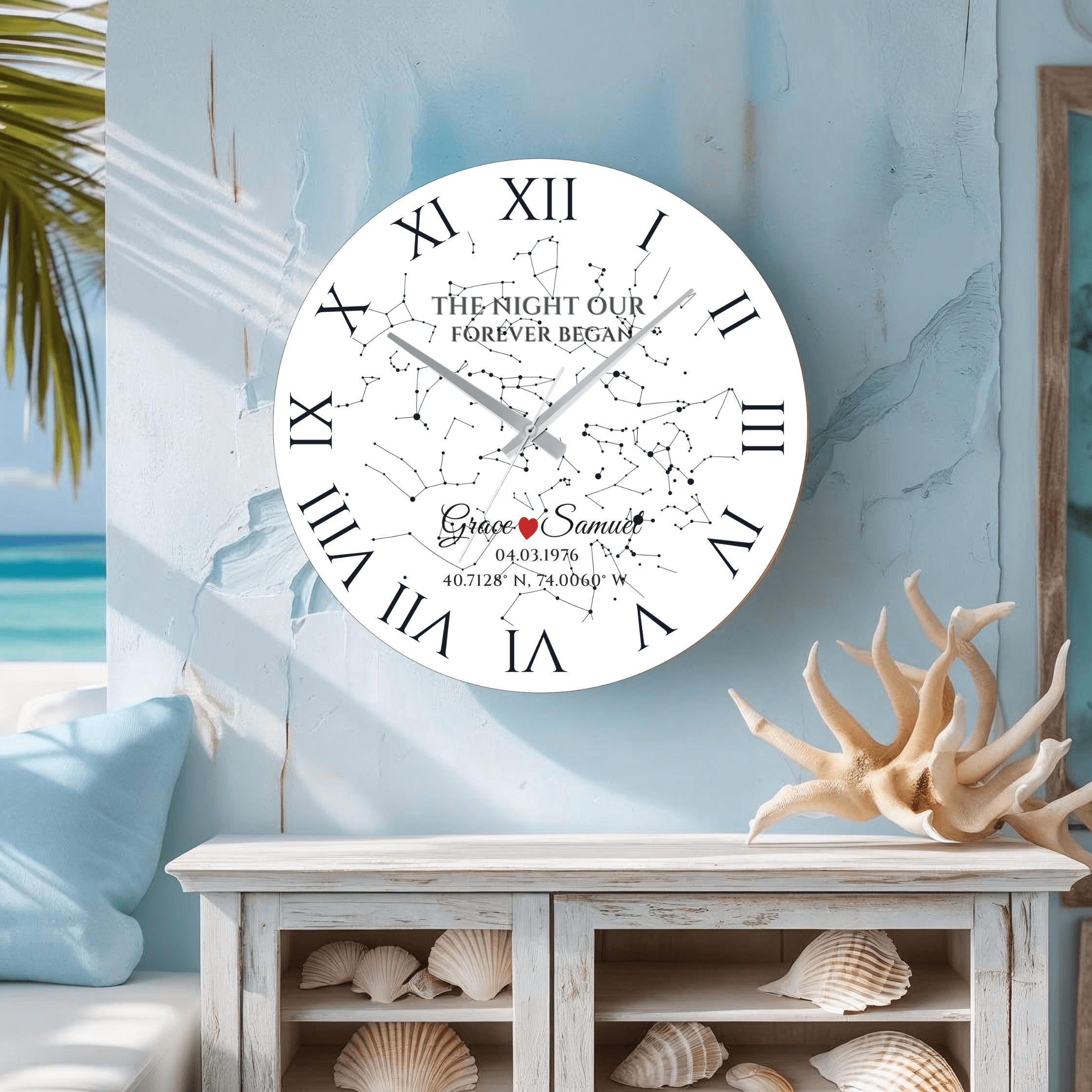 Personalized Star Map Wall Clock displayed as modern home decor, featuring custom celestial design printed on tempered glass.
