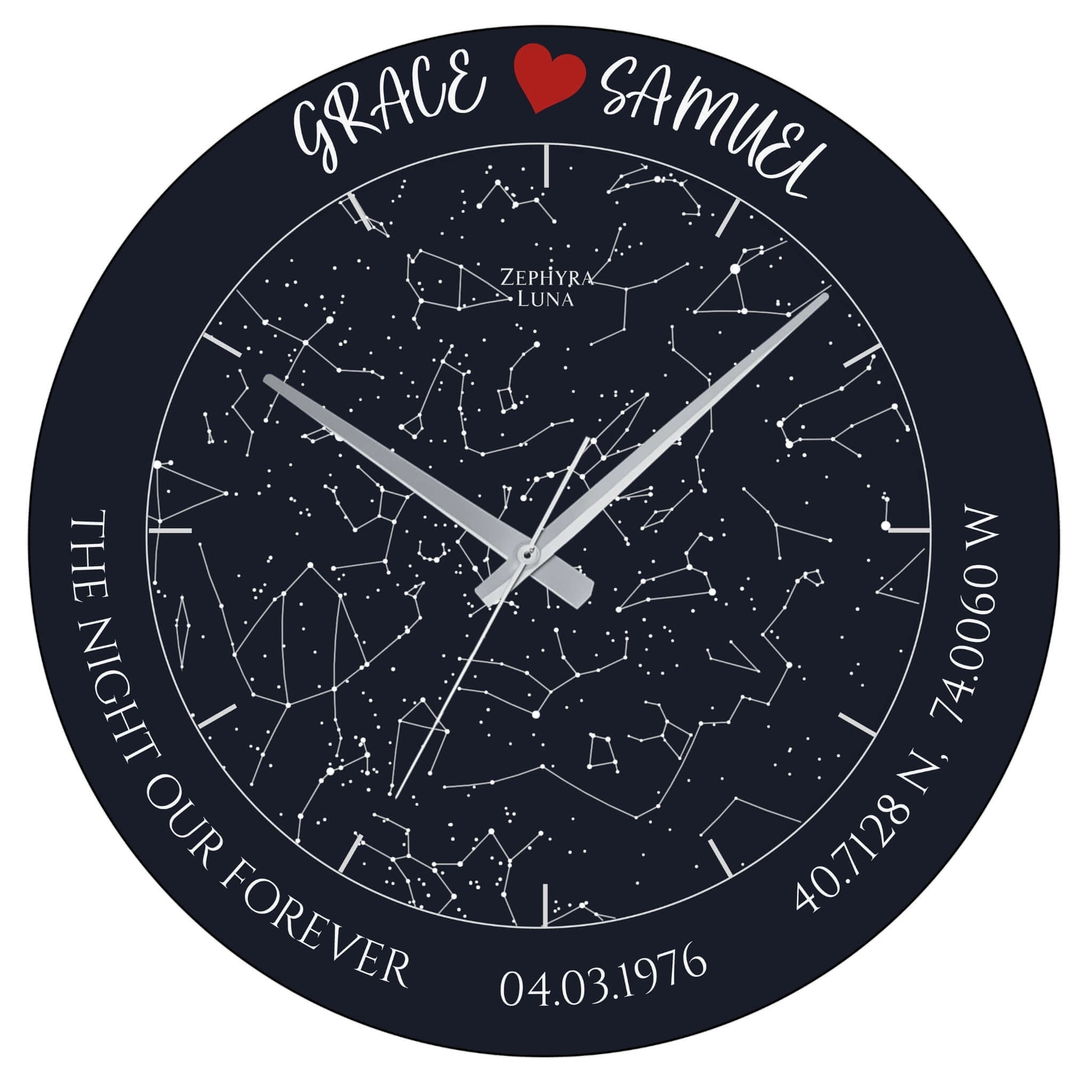 Personalized Star Map Glass Wall Clock – Custom Night Sky Design, Romantic Gift featuring constellations and engraved names.
