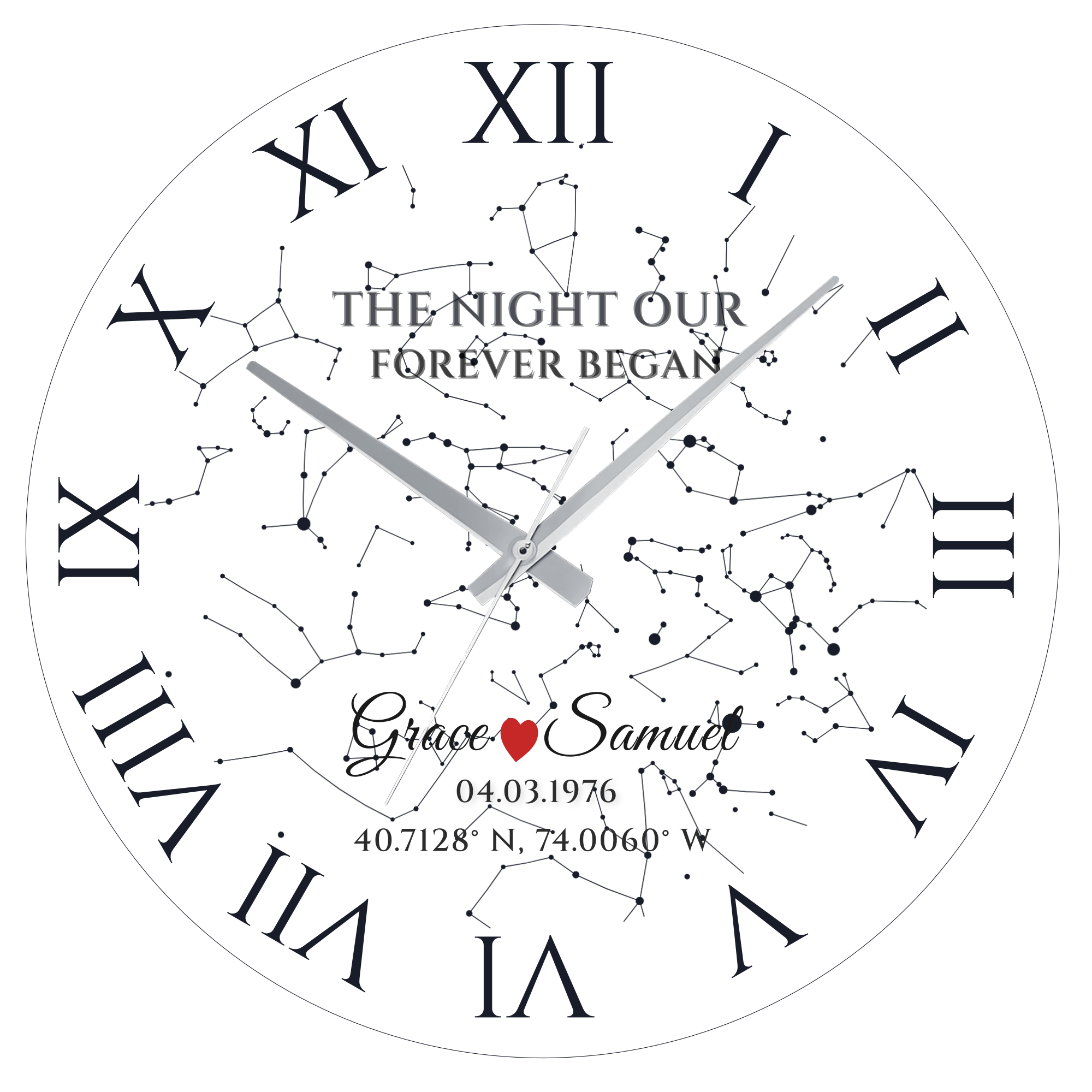 Custom Star Map Wall Clock – Personalized Glass Design, Unique Gift for Couples showcasing a starry night and special date.
