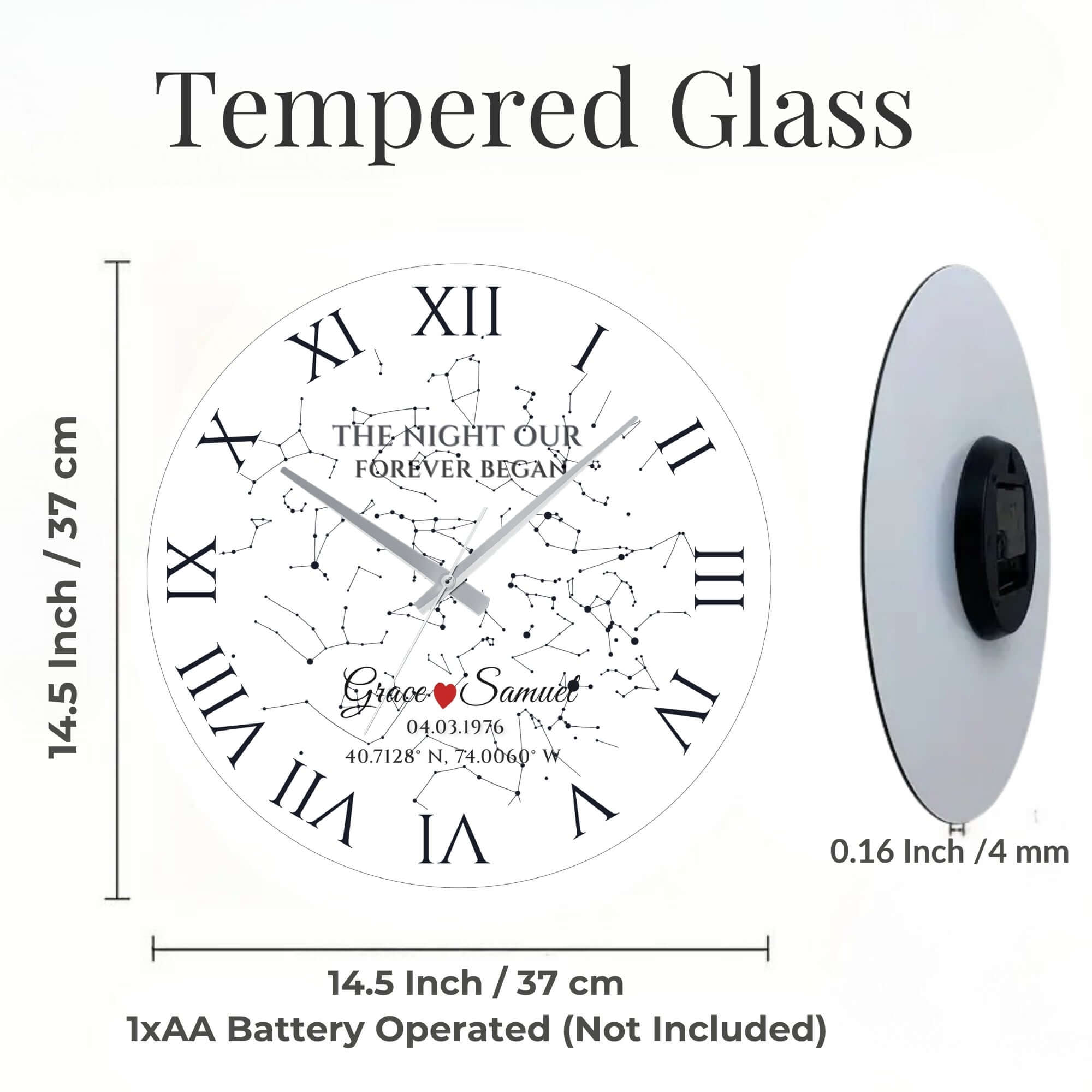 Custom Star Map Wall Clock – Personalized Glass Design, Unique Gift for Couples showcasing a starry night and personalized date.
