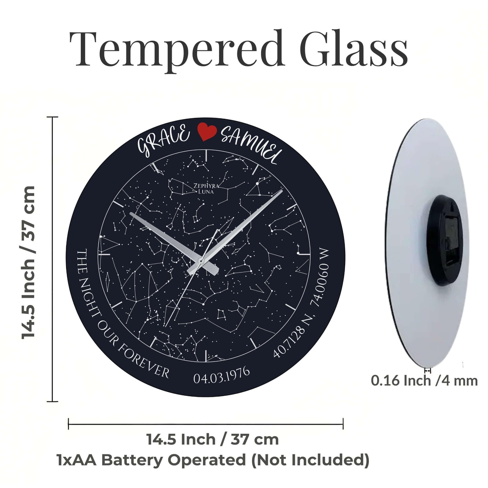 Personalized Star Map Glass Wall Clock – Custom Night Sky Design, Romantic Gift with dark background and white star constellations.